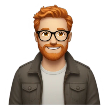 White man with reddish orange hair and beard, wears tortoise shell glasses from warby parker and has dimples sticker