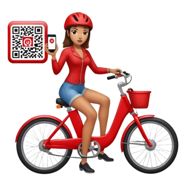 QR code on a red bike and a woman scanning the code standing next to the bike a few feet away sticker