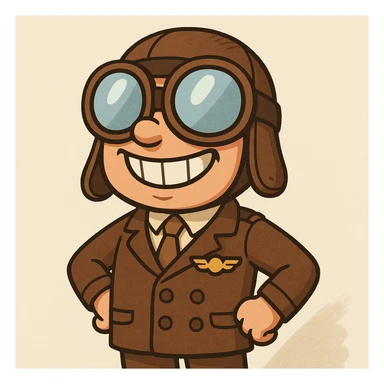 a pilot in cartoon style, with oversized goggles and big smile, neutral background sticker