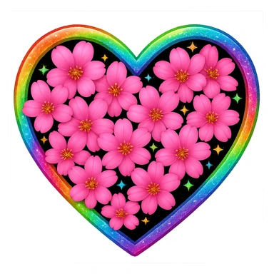 Replace the shimmer effect with a rainbow shimmer on the gold and silver sparkles of the heart surrounded by sakura petals in the style of apple emojis, no background. sticker