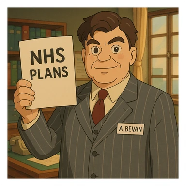 A 1930s middle aged man wearing a grey pinstripe suite holding up an official document with the words 'NHS Plans' with an office background. Give him a name badge with A. Bevan written on it sticker