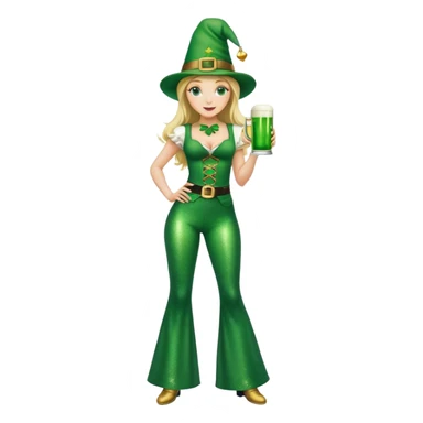 Blonde haired pretty woman in glittery green bell bottoms and tall leprechaun hat holding a green beer sticker