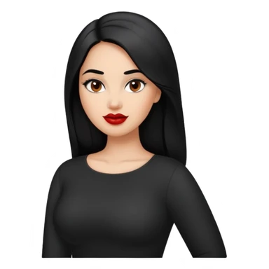Confident curvier young woman with oval face, elegant features, medium brown skin, dark brown eyes, arched eyebrows, red lipstick, long black hair, fuller figure, wearing a black top sticker