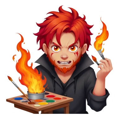 demon artist with wild fiery hair painting chaotic art in hellscape sticker