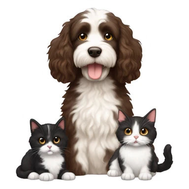 Australian labradoodle dark brown with two tuxedo cats and a calico cat sticker
