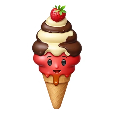 lava ice cream emoji, triple scoop (vanilla, chocolate, strawberry) with molten chocolate lava dripping from the top, apple emoji style sticker