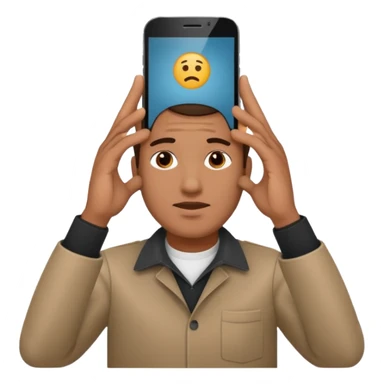 a guy holding 1 smartphone with both hands, smarphone should be horizontal, on top of his forehead sticker