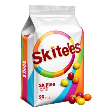 A vintage 90s Skittles package with neon accents, radical 90s American style, old school logo, bright and colorful sticker