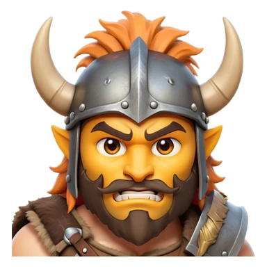 Clash of Clans style: Cinematic Fierce Barbarian Portrait Emoji, Poised and bold with a rugged, cartoonish build in tattered furs and a whimsical horned helmet, bright expressive eyes and a confident smirk, Simplified yet dynamic features, highly detailed, glowing with a vivid, adventurous aura, high shine, heroic and spirited, stylized with an air of medieval warrior charm, focused and energetic, soft glowing outline, capturing the essence of a fearless barbarian adventurer ready to lead his clan with spirited valor! sticker