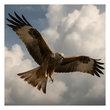 realistic milan bird of prey in flight, wings wide open, sharp talons visible, clouds in the background sticker