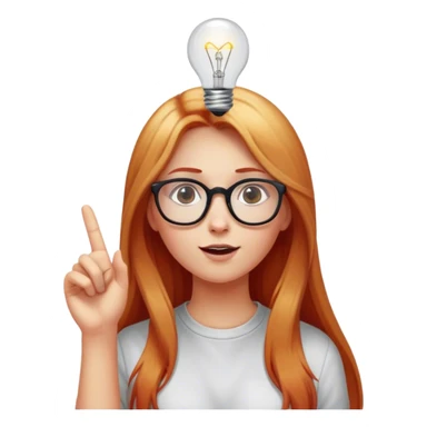 intelligent and clever, 30 year old, girl, long red and almost blond hair, glasses, has an brillant idea, one light bulb next the her head in the air, casual cloth  sticker
