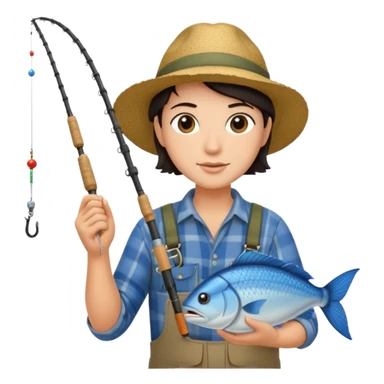 GRANJERO PIEL CLARA Y PELO OSCURO  CON CAÑA DE PESCAR Y UN PESCADO EN LA CAÑA sticker