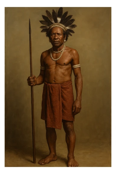 Сгенерируй мне в стиле реалистичной живописи человека из племени индонезии, в полный рост на однородном фоне sticker