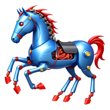 fast electric horse made of electricity, metal plates, bolts, visible blue and red wires, lightning coursing through its body, mechanical hooves sticker