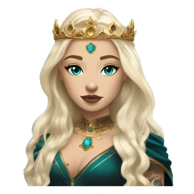 Aelin has white or golden blonde hair, turquoise eyes with a gold ring around the pupil, and tattoos and scars. Wearing a black and gold gown with a crown made of fire sticker