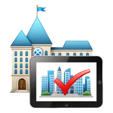 digital tablet, check mark, and city hall icon, glossy and clean sticker
