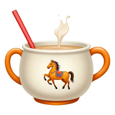 Mongolian milk tea bowl with horse-shaped handle, simplified emoji style with bold outlines and bright colors, cartoon style traditional nomadic drink sticker
