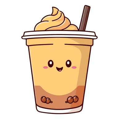 brown milk tea with a happy expression and boba pearls, soft mocha pastel tones, kawaii sticker