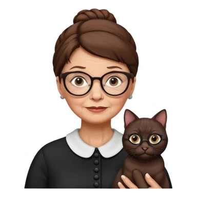Old woman with brown hair one bun and glasses, white European with black cat sticker