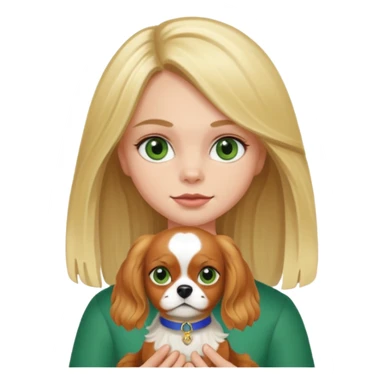 Blonde girl with green eyes holding her tricolour King Charles spaniel  sticker
