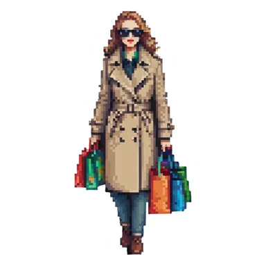 mystery shopper wearing trench coat and sunglasses, holding shopping bag, pixel art style sticker