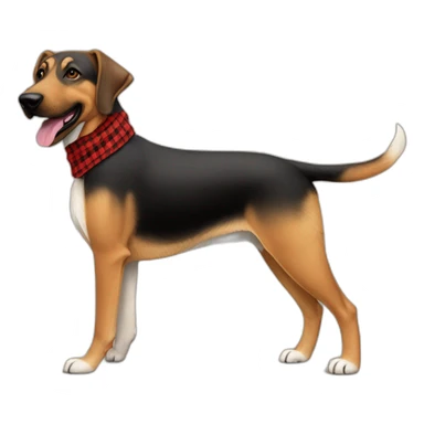 adult 75% Coonhound 25% German Shepherd mix dog with visible tail wearing small pointed red buffalo plaid bandana full body walking left sticker