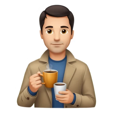 A handsome 45 year old white man with dark hair in a very foggy park with a city view drinking a cup of coffee sticker