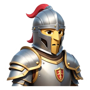 clash-of-clans-aesthetic_-cinematic-fearsome-and-majestic-knight-bust-portrait-emoji, rendered in a flat, vector-style with minimal shading and bold, simplified shapes, depicting a battle-ready medieval knight with steely eyes and intricate armor, mounted on a warhorse reflecting sunlight over a misty battlefield. sticker