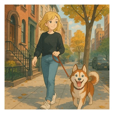 Cute Blonde woman wearing a black sweater and jeans and white sneakers walking a happy red-brown blue-eyed Siberian husky in New York City on an upper east side city sidewalk  sticker