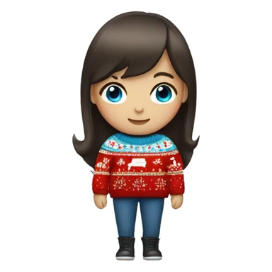 A girl with bangs of dark brown hair and blue eyes in a Christmas sweater sticker