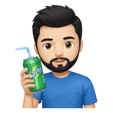 generate a pretty bratz boy with a messy black hair, drinking sprite can, bearded, blue tshirt sticker