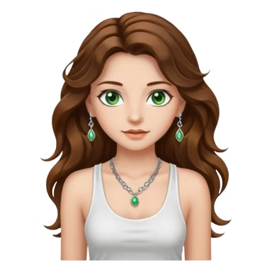 A girl with long brown wavy  hair, green eyes, and a white tank top; she doesn't have bangs. she wear a lot of silver jewerly  sticker
