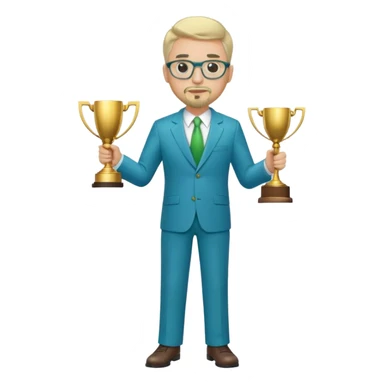 Full Body white fat male  wearing glasses with a goatee with light blonde gray very short hair basketball head Coach in blue and green suit holding trophy sticker
