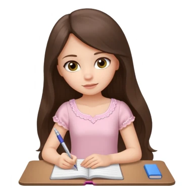 white brunette girl long hair with hazel eyes in a light pink dress writing in a notebook sticker