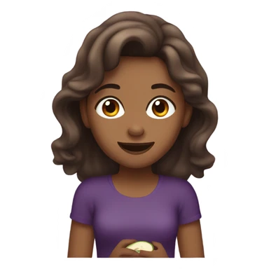 Girl with tan skin brown hair and brown eyes with wavy hair eating an eggplant sticker