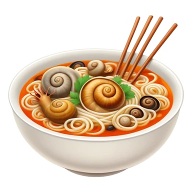 Liuzhou Snail Rice Noodles spicy soup with river snails, simplified emoji style with bold outlines and bright colors, cartoon style Guangxi specialty food sticker
