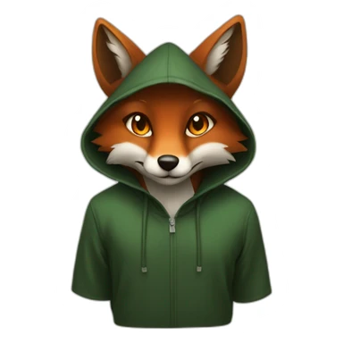 a small dark brown fox with orange eyes with a dark green hood that smile sticker