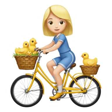 A flat toon cartoon girl riding a bicycle with a basket full of baby chicks, 1:1 square ratio. sticker