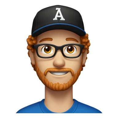30 years old, male, red hair, curly hair, glasses, black baseball hat, blue eyes, pale complexion, stubble facial hair sticker