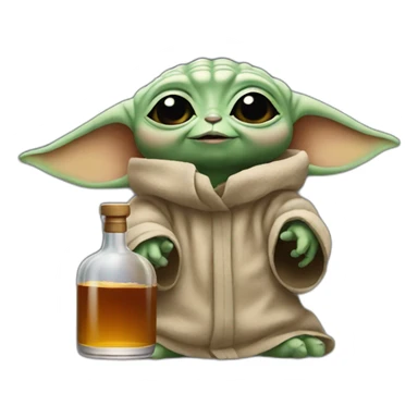 small baby Yoda holding up a big bottle of whiskey sticker