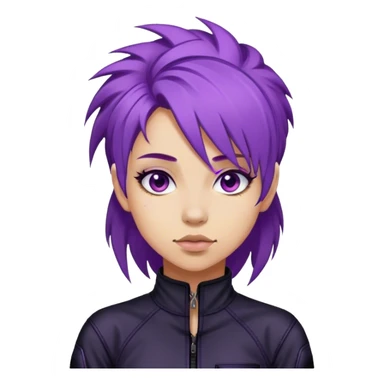 A street racer girl with messy purple hair, black jumpsuit, sticker