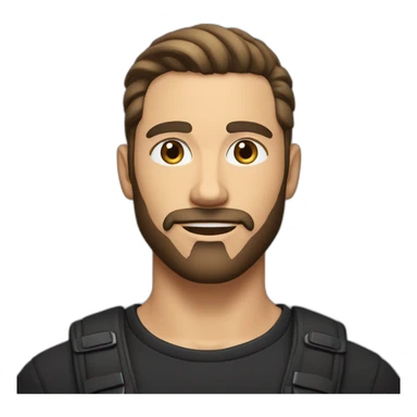 White man with slight sun kissed tan, dark brown eyes and undercut fade hairstyle. He has beard stubble and mustache trimmed. Black clothing, hair styled sideways backwards. sticker