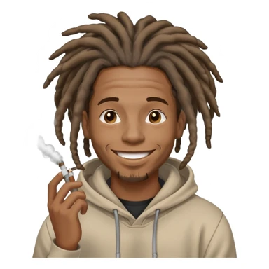 black male with dreadlocks, smiling, exhaling smoke, wearing a hoodie sticker