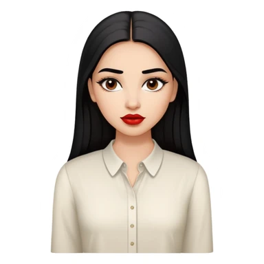 Young woman with oval face, high cheekbones, dark brown eyes, thick eyebrows, red lipstick, light brown skin, long straight black hair, wearing a white blouse sticker