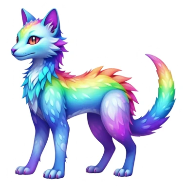 Kawaii neon colorful rainbow iridescent fantasy ethereal feline-vernid-sergal-fursona animal creature with a tufted tail full body with intricate markings sticker