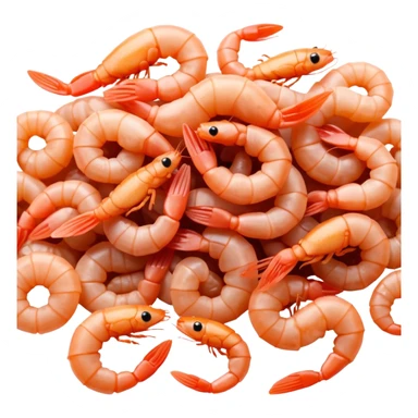 small handful of tiny whole dried shrimp, curled bodies, visible legs, tails, antennae, light pink to orange-brown, dry slightly translucent texture, natural scattered cluster, clean 3D look, soft lighting, no extra elements, no faces, emoji scale sticker