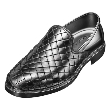 Bottega Veneta slip-on shoes in 3D chrome style, metallic woven pattern, simple background sticker