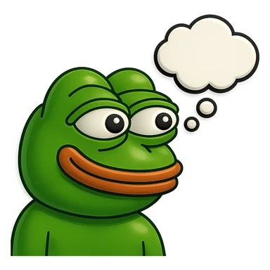 make a pepe in bright green smiling with thought bubble looking at right side in 3d style, good highlights and shadows, drop shadows sticker