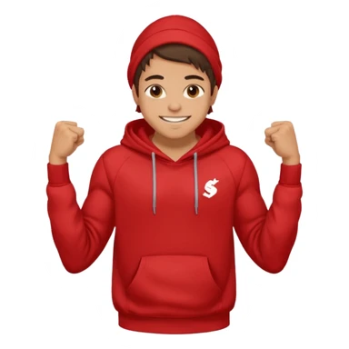 make me an emoji of an americain 19 yearold boy in a red hoodie that says "south" on it and give him with tan skin with his hands in his hands in his pocket grining flexing his muscles sticker