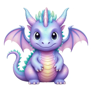 Cinematic fluffy pastel dragon, tiny round wings, chubby feet, sparkling gentle eyes, delicate glowing scales, soft colors blending magically, enchanting and whimsical. sticker